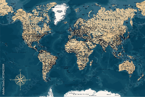 World Map - Highly Detailed Vector Map of the World. Ideally for the Print Posters. Dark Blue Golden Beige Retro Style. With Relief and Depth