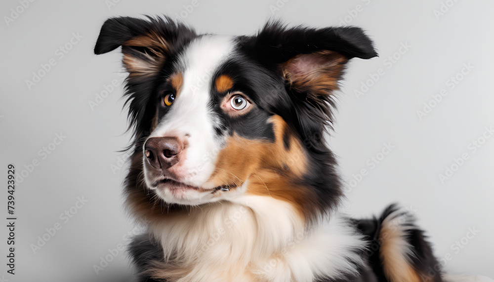 Adorable Puppy Portrait: Horizontal Studio Shot of Sitting Australian Shepherd - Color Image in Full Length, No People, Emphasizing Domestic Canine's Charm - Dog on White Background Adorable Puppy Portrait: Horizontal Studio Shot of Sitting Australian Shepherd - Color Image in Full Length, No People, Emphasizing Domestic Canine's Charm - Dog on White Background