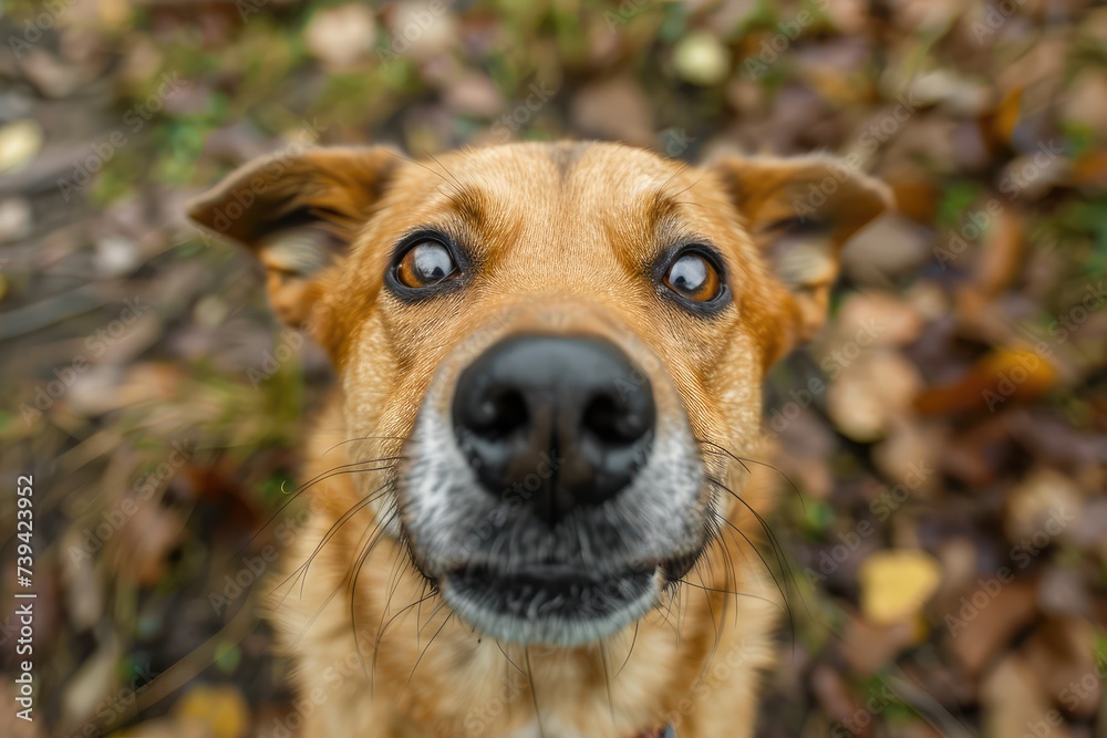 Dog Close up Portrait, Fun Animal Looking into Camera, Dog Nose, Wide Angle Lens
