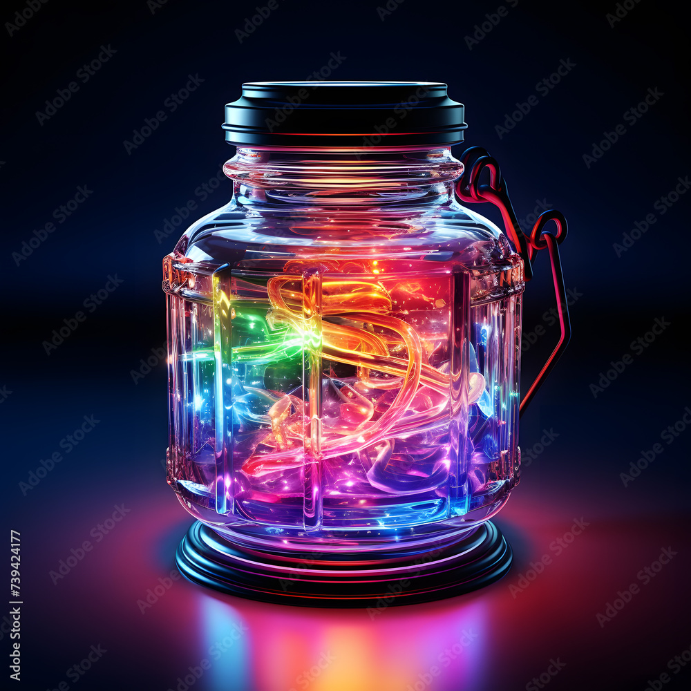 3d render of a glass jar with a neon light inside. 3d render of a glass jar with a neon light inside.