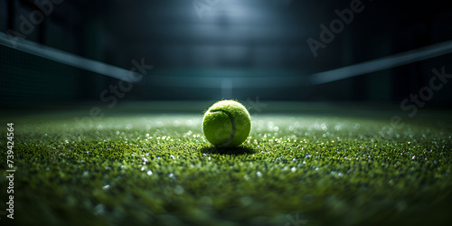 Tennis ball rolling towards the net on court Close up of tennis ball on clay court. Tennis ball. 