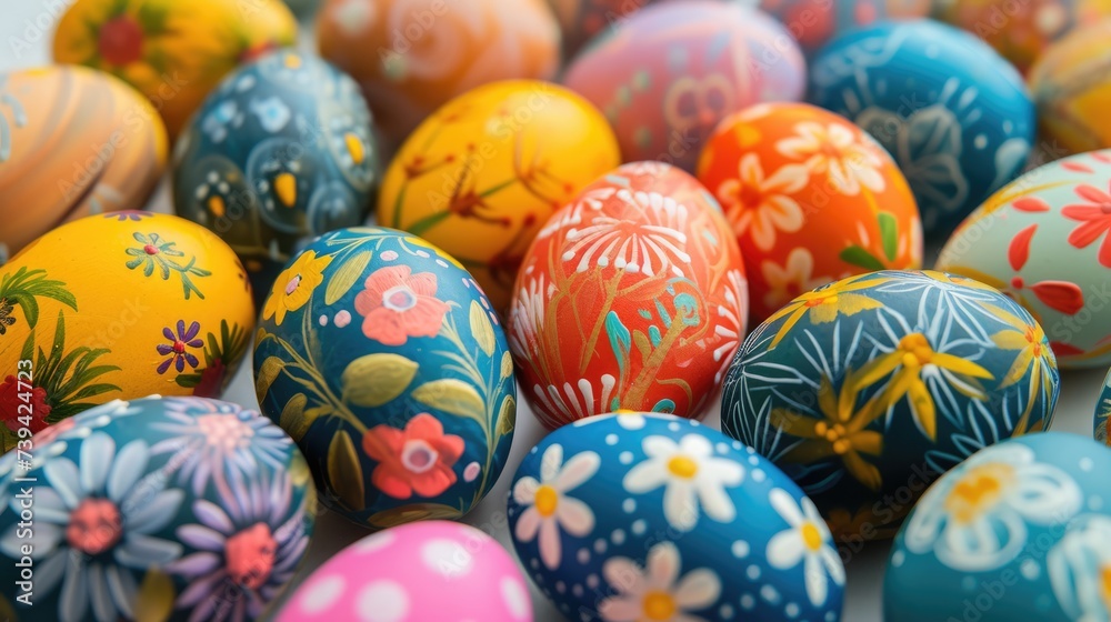 The vibrant colors of painted Easter eggs stand out against the lush greenery and blooming flowers, creating a jubilant and festive display. The vibrant colors of painted Easter eggs stand out against the lush greenery and blooming flowers, creating a jubilant and festive display.