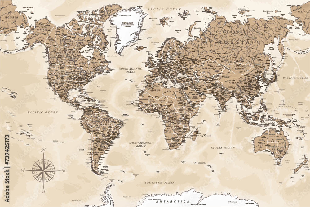 World Map - Highly Detailed Vector Map of the World. Ideally for the Print Posters. Dark Golden Beige Retro Style