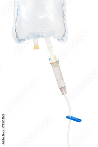 Fotografía Isolated IV fluid bag with gravity drip and clamp