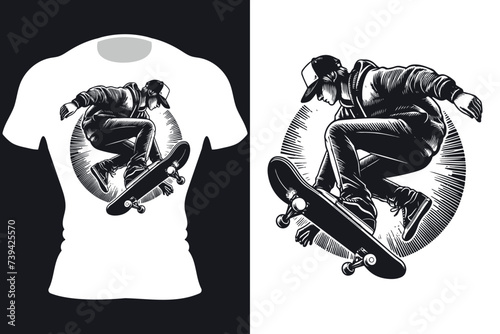 Vector skateboard rider black and white cartoon illustration t-shirt design, Generative Ai
