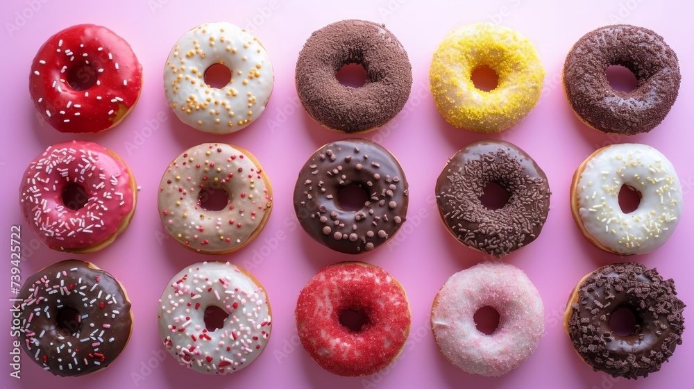 Colorful donuts with sprinkles on pink background, top view Colorful donuts with sprinkles on pink background, top view