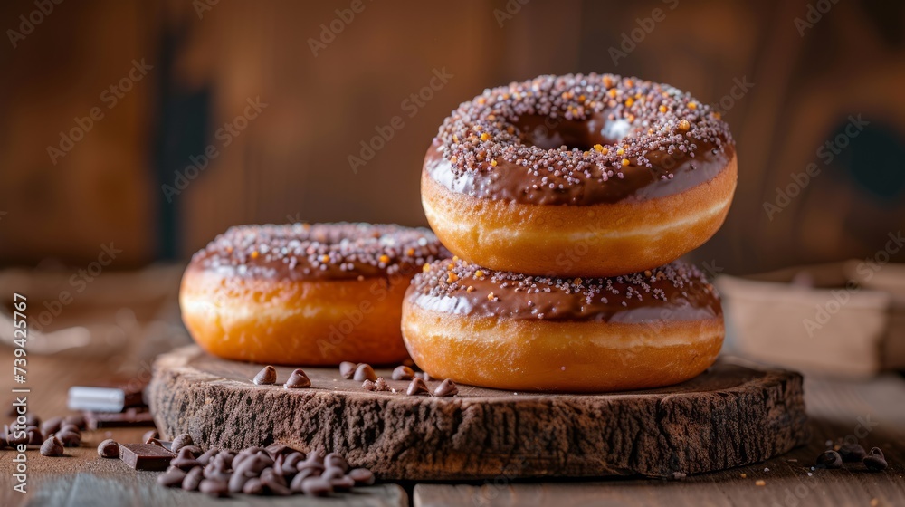 Donuts with chocolate on a wooden background, selective focus.