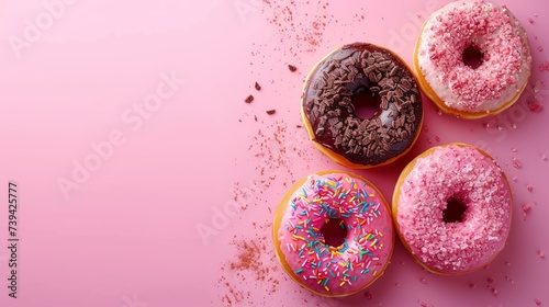 Colorful donuts with sprinkles on pink background, top view