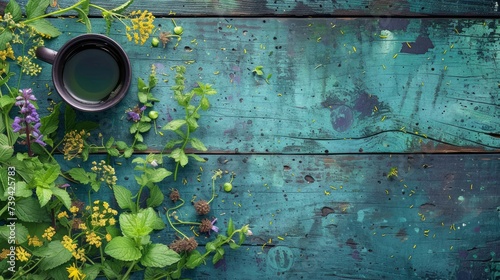 Cup of tea. Glass of herbal green black tea with flowers on wooden table. Top view