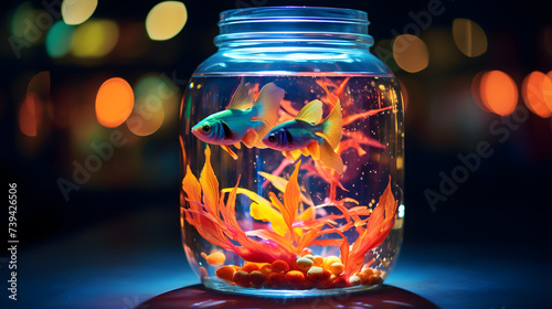 Colorful fishes in a glass jar on a black background. 3d rendering