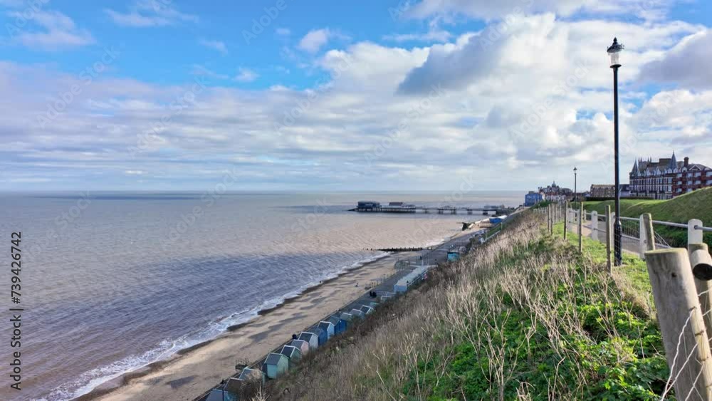 High up and aerial view over Cromer beach on the North Norfolk coast. Captured from the cliff top High up and aerial view over Cromer beach on the North Norfolk coast. Captured from the cliff top