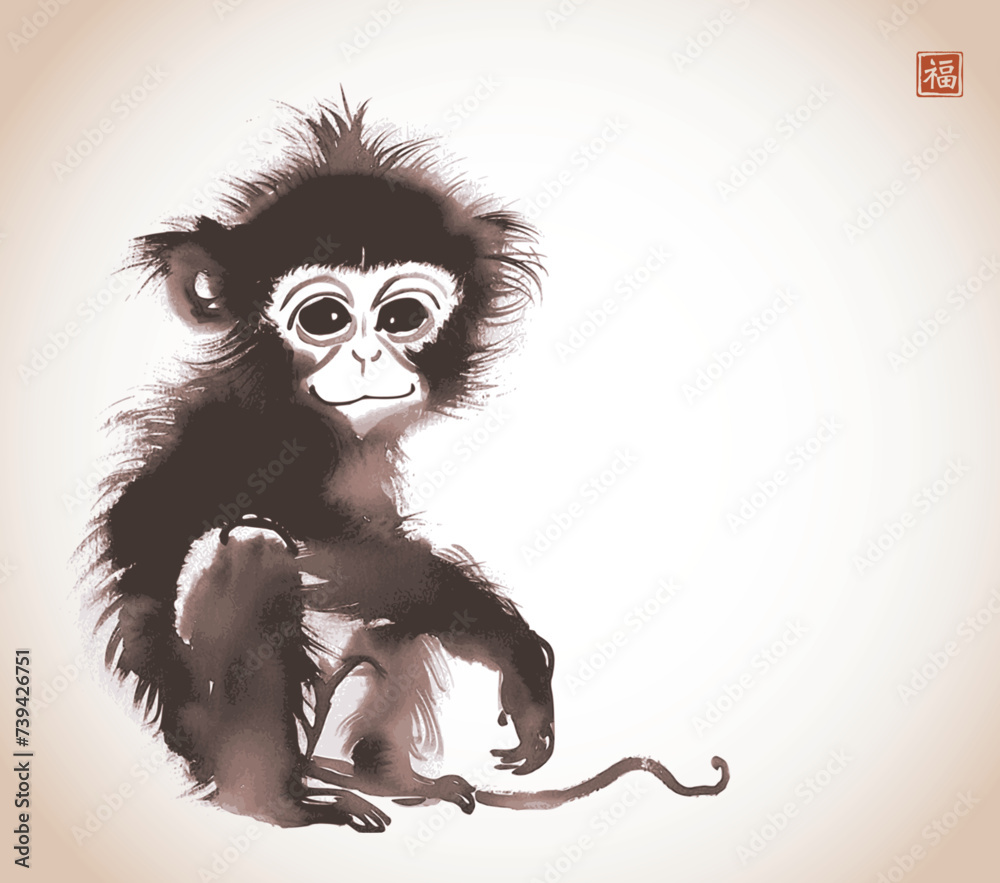 Fototapeta premium Ink wash painting of baby monkey in vintage style. Traditional oriental ink painting sumi-e, u-sin, go-hua. Hieroglyph - good luck