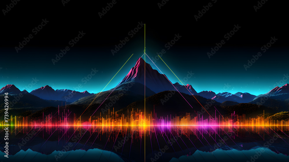 Fantasy landscape with mountains, river and neon lights