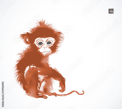 Ink wash painting of red-haired baby monkey on white  background. Traditional oriental ink painting sumi-e, u-sin, go-hua. Hieroglyph - good luck