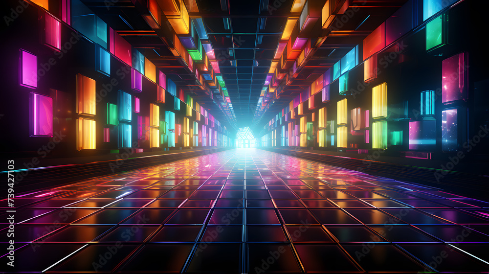 Futuristic corridor with glowing neon lights - obrazy, fototapety, plakaty 