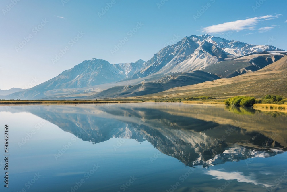Tranquil lake mirroring a serene mountain landscape untouched by time