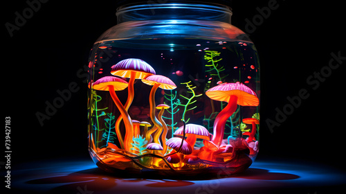 Glass jar with magic mushrooms on a black background. 3d rendering
