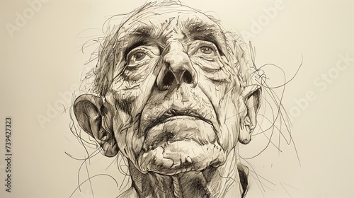 Old bald looking up man sketch. Monochrome drawing of head of aged man seemed to be in a very deep thought.