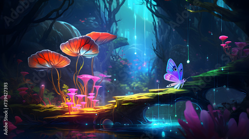 Magic mushrooms in the forest at night. Fantasy landscape with magic mushrooms. © Jharna