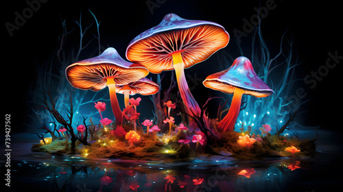 Mushrooms in the forest at night. 3D rendering.