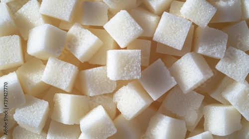 Sugar cubes arranged closely together create a textured white surface background when viewed from above