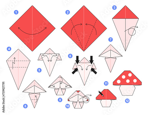 Mushroom origami scheme tutorial moving model. Origami for kids. Step by step how to make paper fly agaric. Vector illustration.