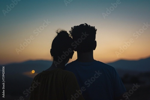 Woman finding solace on mans shoulder their silhouette against a dusky sky telling of serenity