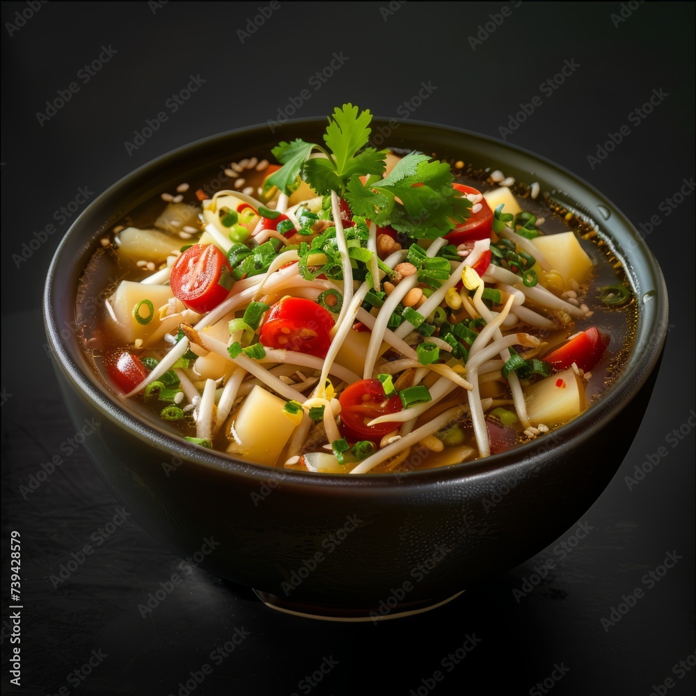 Photorealistic bowl of only bean sprouts , garnished with a little bit of diced potatoes, chopped tomatoes , green chilles, and coriander ultra detailed, ultra realistic, photo realistic, denoise