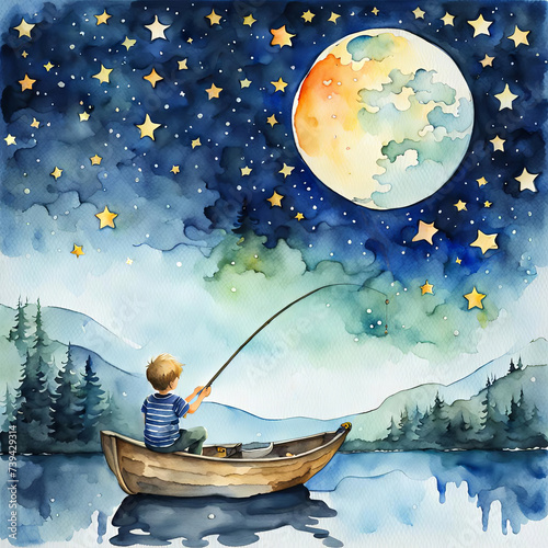 Watercolor of little boy fishing at night in rowboat under a full moon and gold stars