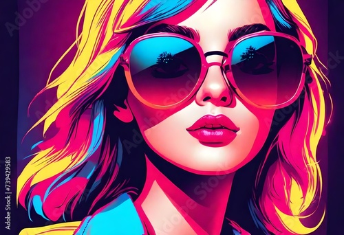 neon style fashion portrait of a model girl in sunglasses. Poster or flyer in trendy retro colors. Vector illustration
