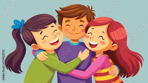 Group Hug Shared by Happy Cartoon Children Against Blue Background