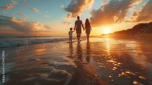 Father, mother and child on a summer vacation against the background of the blue sea and sky