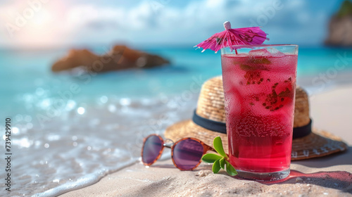 A straw hat with an exotic cocktail and sunglasses on a sandy beach. Concept of summer holidays