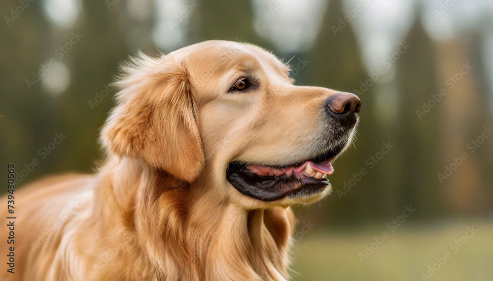 Cute Golden Retriever breed dog posing outdoor in park. Adorable pet