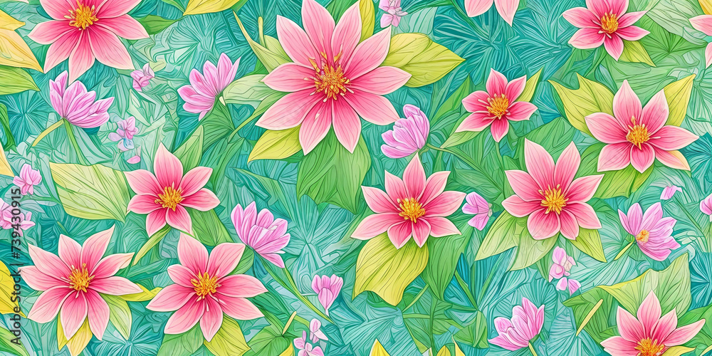 Vibrant flowers and lush plants intertwine. Generative AI.