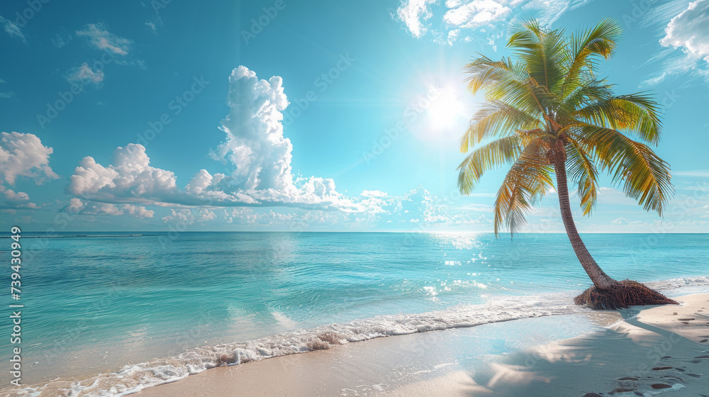 Palm tree on tropical beach with blue sky and white clouds. summer vacation and business travel concept