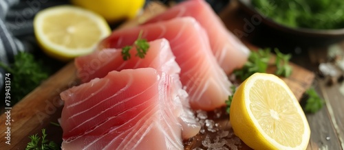 Freshly sliced raw fish on top of a rustic wooden cutting board for seafood preparation