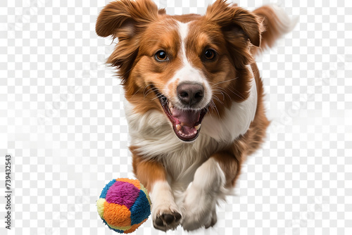 Cute canine companion carrying a toy with joyful enthusiasm on transparent background.