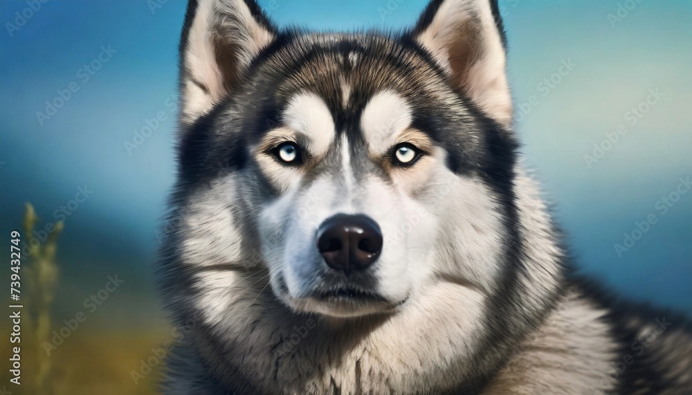 Portrait of Alaskan Malamute breed dog. Cute pet posing outdoor.