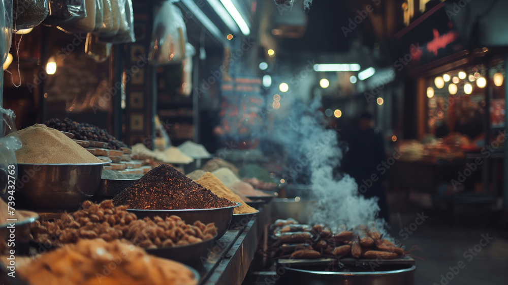 Market with an array of street foods. Exotic bazaar scene. Cultural and travel concept. Design for travel guides, culinary tours, and cultural exploration articles. Market with an array of street foods. Exotic bazaar scene. Cultural and travel concept. Design for travel guides, culinary tours, and cultural exploration articles.