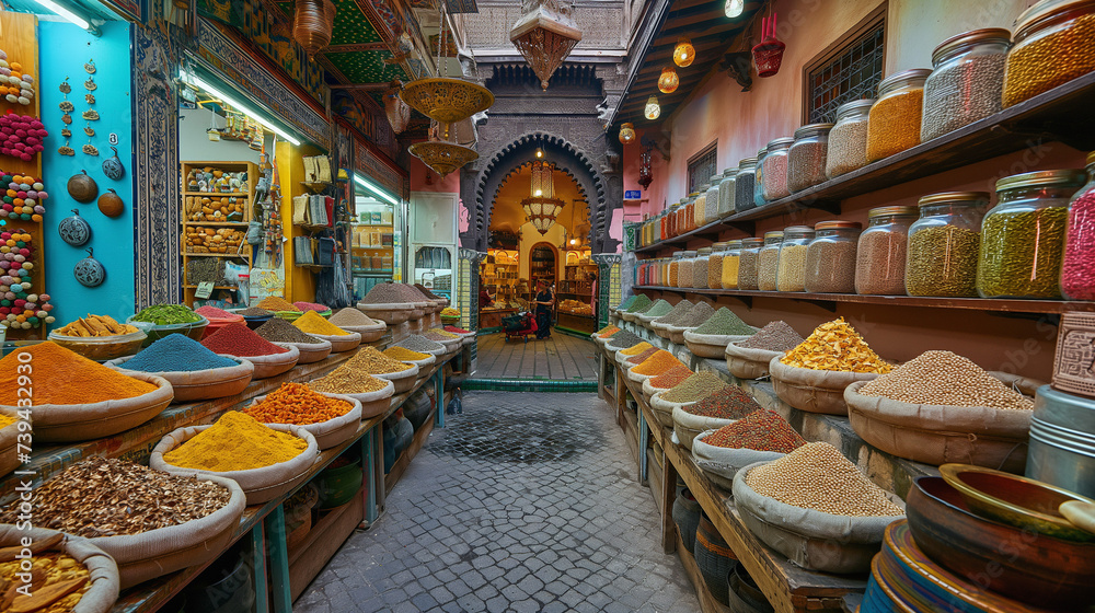 Vibrant spice market with an array of colourful spices. Exotic bazaar with food shelves. Cultural and travel concept. Design for travel guides, culinary tours, and cultural exploration articles.