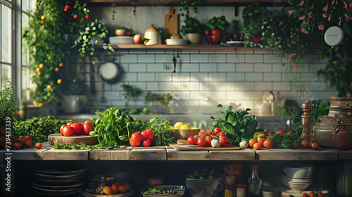 Rustic Kitchen Interior with Fresh Vegetables and Herbs