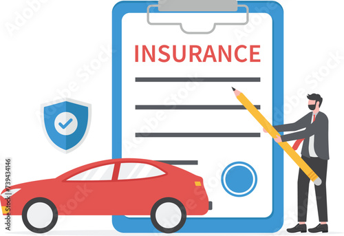 Car insurance vector illustration set. People protecting car with insurance and signing form with red auto. Concept of car insurance service, car accident, insurance agent for web design, ui

