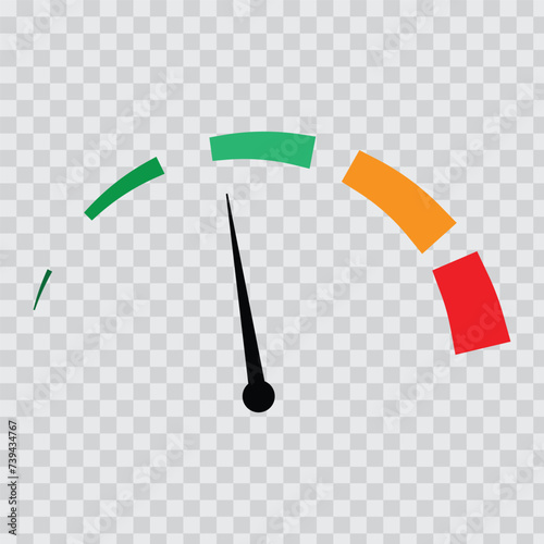 Vector speedometer meter with arrow for dashboard with green, yellow, red indicators. Gauge of tachometer. Low, medium, high and risk levels. Bitcoin fear and greed index cryptocurrency.