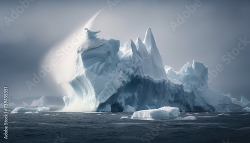 A large iceberg in a stormy ocean with splashes against a dark overcast sky.
