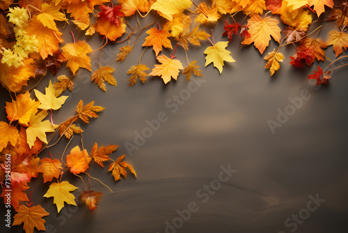 wooden table on the background of the autumn, Autumn Leaves on wood Table Banner with dry yellow autumn, Autumn mood background. Fallen autumn dried leaves background. Generative Ai