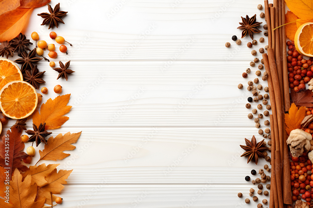 autumn leafs and spices on white wooden on white background, Thanksgiving background decoration, dry leaves, berries and pumpkins on white wooden background. Flat lay, copy space, Generative Ai