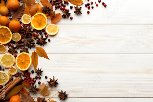 autumn leafs and spices on white wooden on white background  Thanksgiving background decoration  dry leaves  berries and pumpkins on white wooden background. Flat lay  copy space  Generative Ai