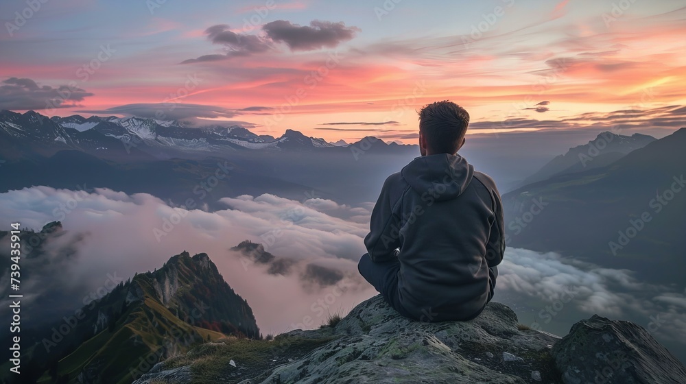 man sitting on mountain top meditating and admiring the beauty of the landscape