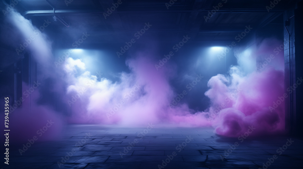 Abstract light in a dark empty street with smoke, smog. Dark background ...